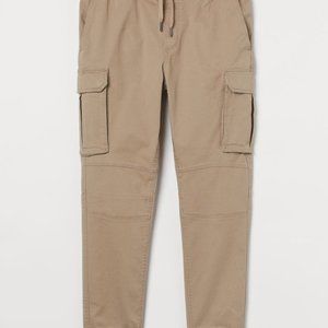 H&M Skinny Fit Cargo Men's Tan Joggers With Pockets Elastic Waist Drawstring XL